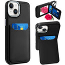 iPhone 14 PLUS Card Holder with Mirror Inside PU Leather Hybrid Case - Black