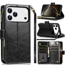 iPhone 17 Pro Luxury Wallet Card ID Zipper Money Holder Case Cover - Black