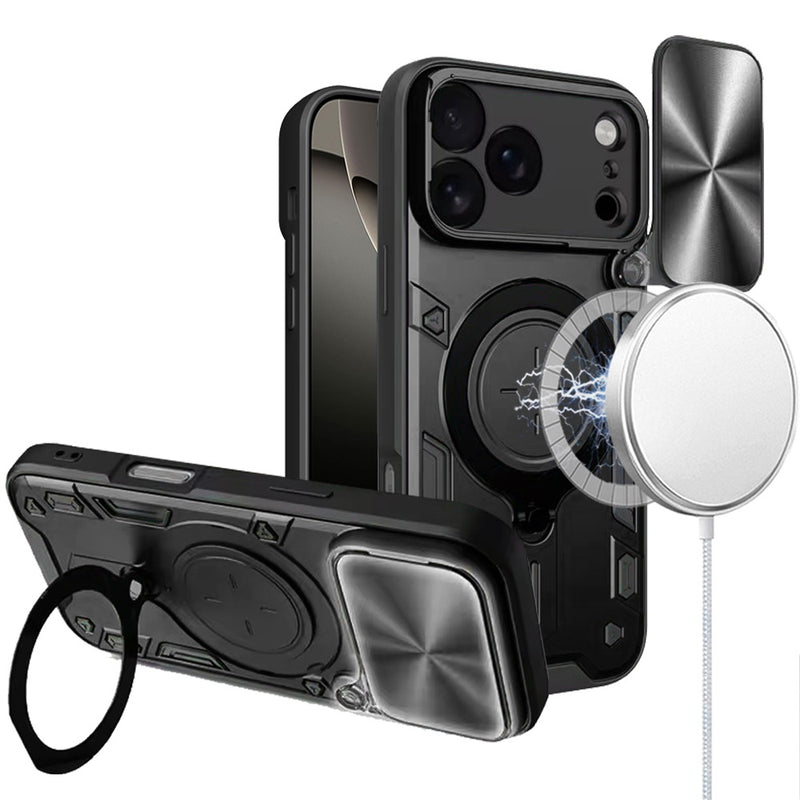 iPhone 17 Pro Magnetic Ring Stand Classic Design FULL Camera Protection Hybrid Case - Black