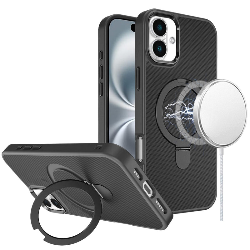 iPhone 16 Plus 6.7 inch Carbon Design [Magnetic Circle] with Ring Stand Hybrid Case - Black