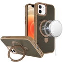 For iPhone 12 & iPhone 12 Pro Carbon Design [Magnetic Circle] with Ring Stand Hybrid Case - Brown
