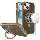 For iPhone 15 Carbon Design [Magnetic Circle] with Ring Stand Hybrid Case - Brown
