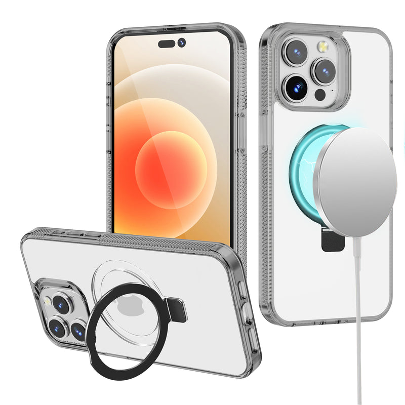 iPhone 15 6.1 Dotted Edged Line Transparent HQ Magnetic Ring Stand Hybrid - Black