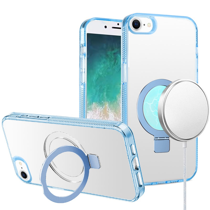 iPhone 16e Dotted Edged Line Transparent HQ Magnetic Ring Stand Hybrid - Light Blue