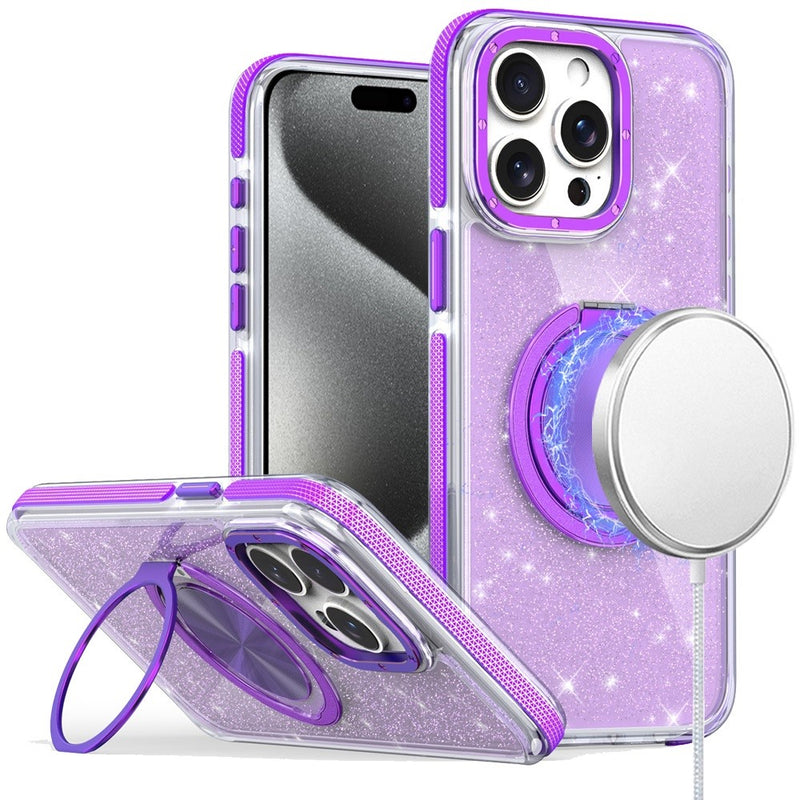 iPhone 15 Pro Max Glitz HQ Shimmer Glitter [Magnetic Ring Circle] with 360 degree Rotational Ring Kickstand Tough Hybrid Case - Purple