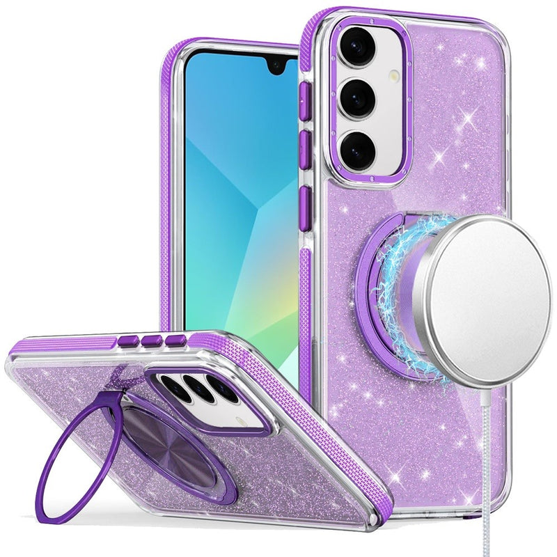 Samsung A16 5G Glitz HQ Shimmer Glitter [Magnetic Ring Circle] with 360 degree Rotational Ring Kickstand Tough Hybrid Case - Purple