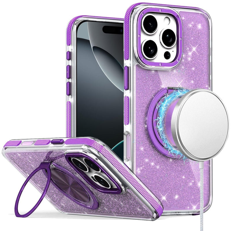 iPhone 16 Pro Max  Glitz HQ Shimmer Glitter [Magnetic Ring Circle] with 360 degree Rotational Ring Kickstand Tough Hybrid Case - Purple