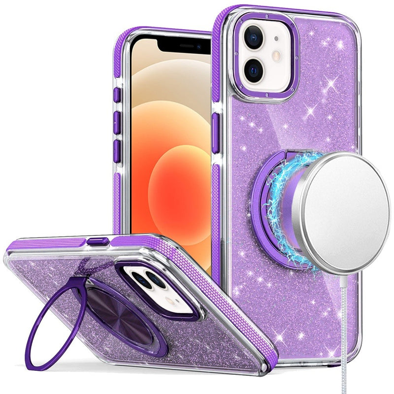 iPhone 12 & iPhone 12 Pro Glitz HQ Shimmer Glitter [Magnetic Ring Circle] with 360 degree Rotational Ring Kickstand Tough Hybrid Case - Purple