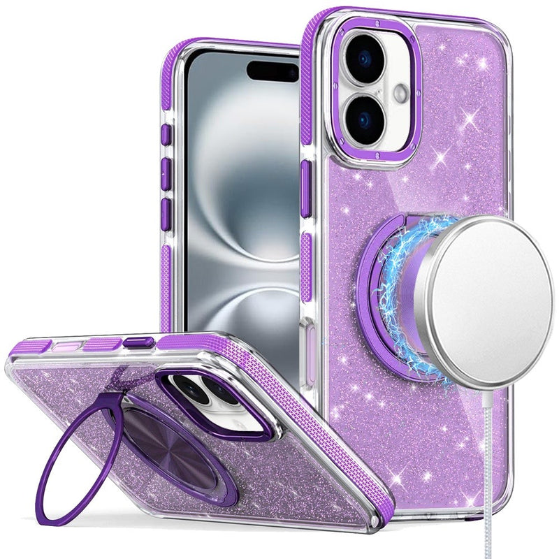 iPhone 16 6.1 inch Glitz HQ Shimmer Glitter [Magnetic Ring Circle] with 360 degree Rotational Ring Kickstand Tough Hybrid Case - Purple