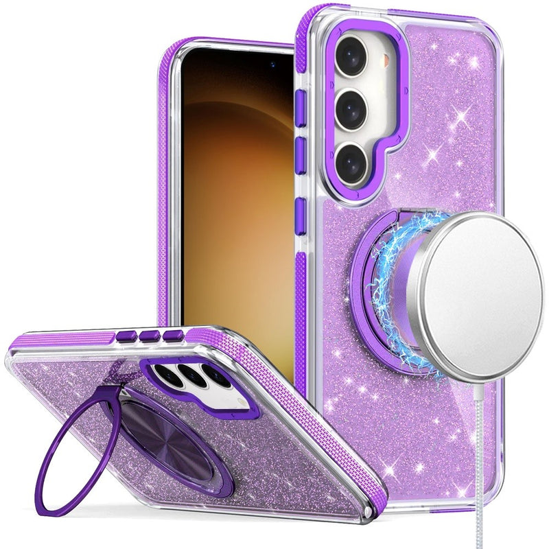 Samsung S23 5G Glitz HQ Shimmer Glitter [Magnetic Ring Circle] with 360 degree Rotational Ring Kickstand Tough Hybrid Case - Purple