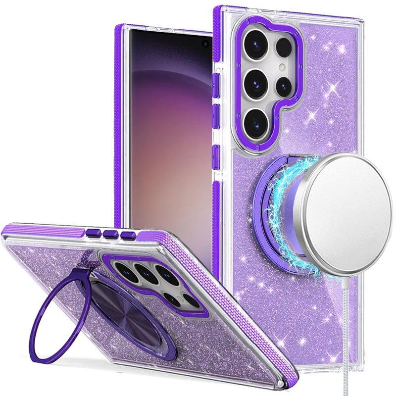 Samsung S23 5G Ultra Glitz HQ Shimmer Glitter [Magnetic Ring Circle] with 360 degree Rotational Ring Kickstand Tough Hybrid Case - Purple