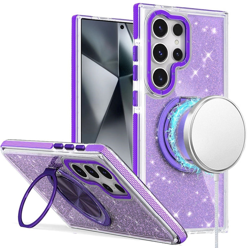 Samsung Galaxy s24 Ultra 5G Glitz HQ Shimmer Glitter [Magnetic Ring Circle] with 360 degree Rotational Ring Kickstand Tough Hybrid Case - Purple