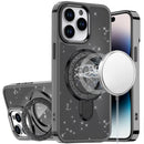 For iPhone 14 PRO MAX 6.7" Transparent Glitter Rotaional Magnetic Ring Stand HQ Hybrid - Black