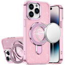For iPhone 14 PRO MAX 6.7" Transparent Glitter Rotaional Magnetic Ring Stand HQ Hybrid - Light Pink