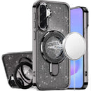 For Samsung Galaxy A57 Transparent Glitter Rotaional Magnetic Ring Stand HQ Hybrid - Black