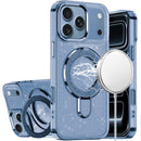 For Apple iPhone 18 Pro Max Transparent Glitter Rotaional Magnetic Ring Stand HQ Hybrid - Light Blue