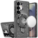 For Samsung s26 Ultra Transparent Glitter Rotaional Magnetic Ring Stand HQ Hybrid - Black