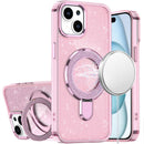 iPhone 15 Transparent Glitter Rotaional Magnetic Ring Stand HQ Hybrid - Light Pink