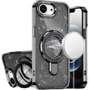 For iPhone 17E / 16E / SE4 Transparent Glitter Rotaional Magnetic Ring Stand HQ Hybrid - Black