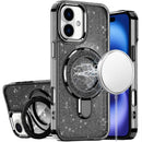 iPhone 17 Transparent Glitter Rotaional Magnetic Ring Stand HQ Hybrid - Black