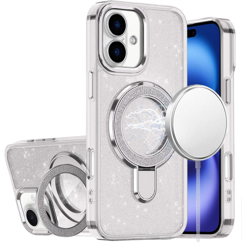 iPhone 17 Transparent Glitter Rotaional Magnetic Ring Stand HQ Hybrid - Clear