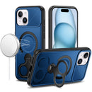 For iPhone 15 Car Mount with 2-Ring Stand Hybrid Case - Blue