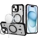 For iPhone 15 Tough Dotted Design HQ Hybrid with Metallic Camera Stand Magnetic Ring Case - Black