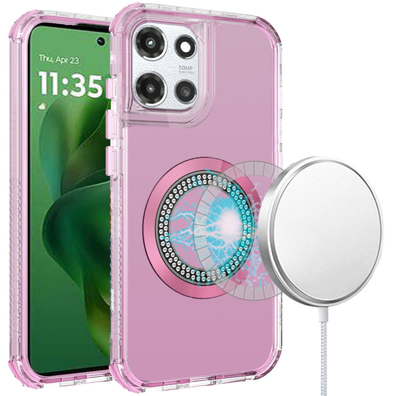 Motorola Moto G Power 5G 2025 Magnetic Ring Circle Bling Chrome 3in1 Hybrid Case - Pink