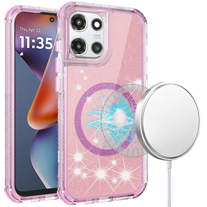 Motorola Moto G 5G 2025 Magnetic Ring Glitter 3in1 Hybrid Case Cover - Pink