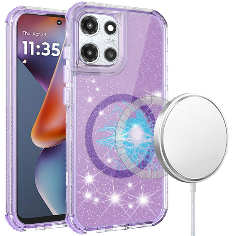 Motorola Moto G 5G 2025 Magnetic Ring Glitter 3in1 Hybrid Case Cover - Purple