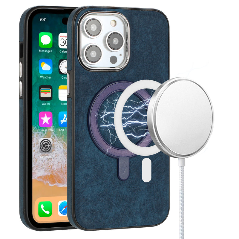 iPhone 15 6.1 Fashion PU Vegan Chrome Edged Case Cover - Dark Blue