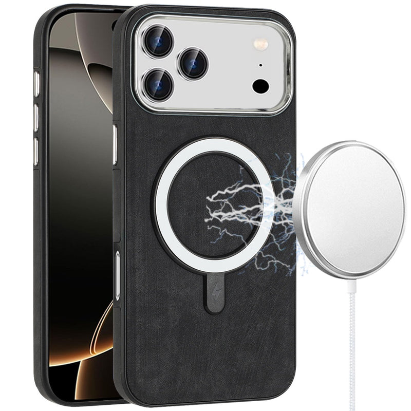 iPhone 17 Pro Max Fashion Chrome Edged Camera [Magnetic Circle] PU Leather Hybrid - Black