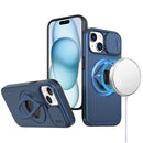 iPhone 15 6.1 Trendy Full Coverage with Camera Window [Magnetic Circle] with Rotational Ring Stand Hybrid Case - Navy Blue