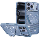 For Apple iPhone 18 Pro Butterfly Moveable Grip Stand With Small Diamonds Meta Buttons HQ Hybrid - Light Blue