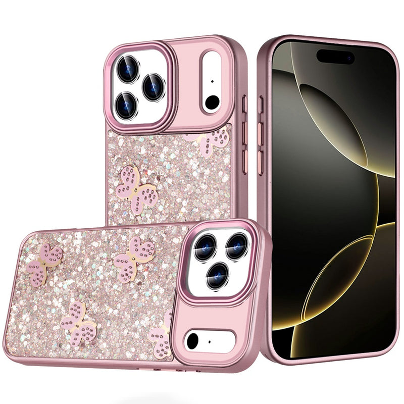 iPhone 17 Pro Max Cute Butterfly Ornaments Diamonds Shimmer Matching Metallic HQ Hybrid - Pink