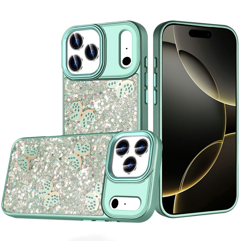 iPhone 17 Pro Cute Butterfly Ornaments Diamonds Shimmer Matching Metallic HQ Hybrid - Teal
