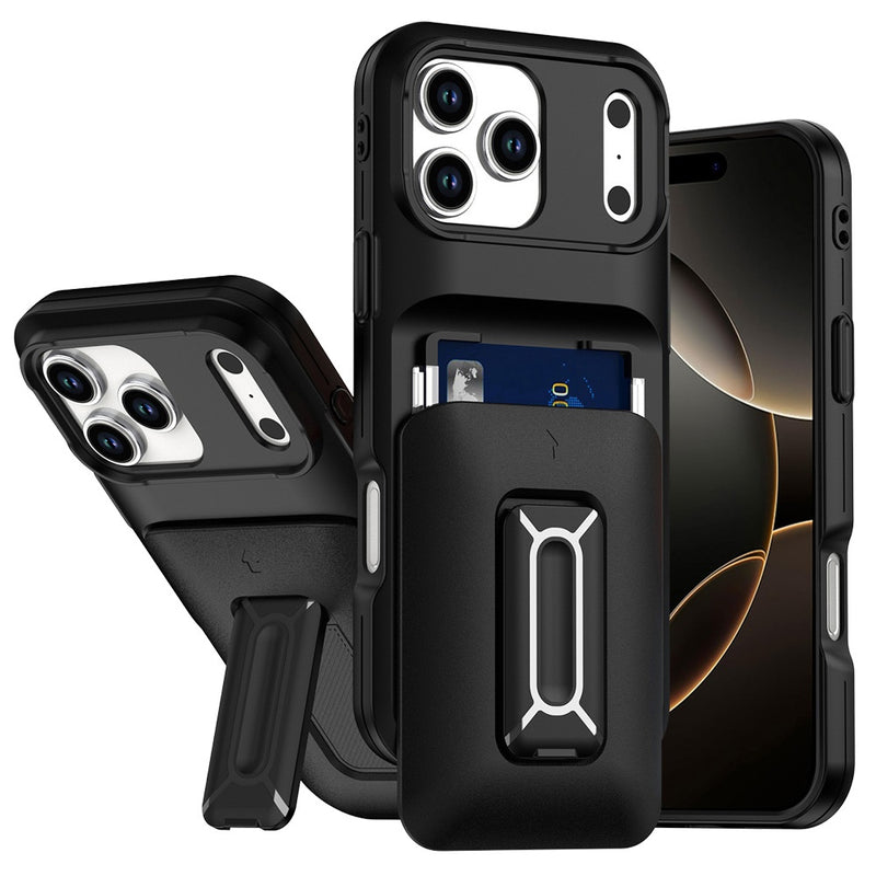 iPhone 17 Pro Card Holder (2X) with Wrist Strap Hybrid With KickStand - Black+Black