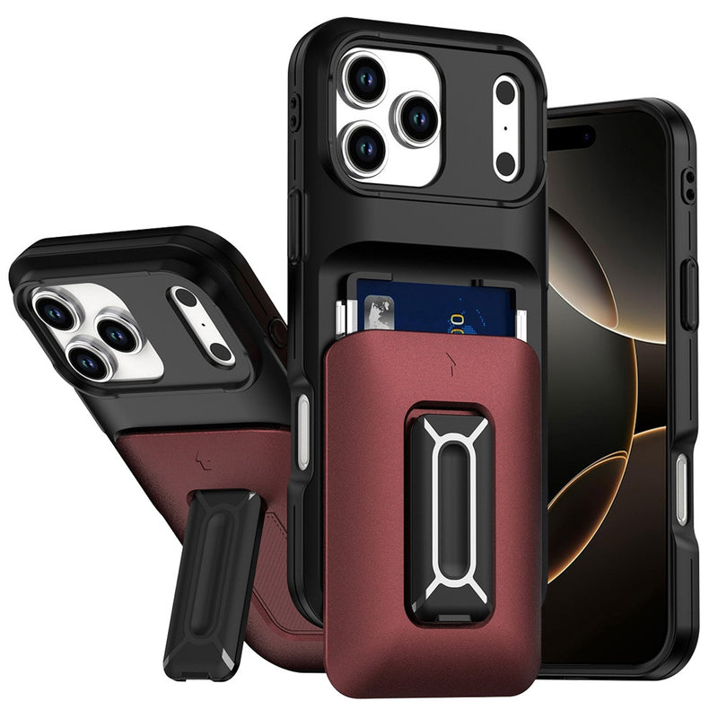 iPhone 17 Pro Card Holder (2X) with Wrist Strap Hybrid With KickStand - Black+Red