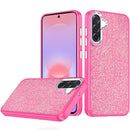 For Samsung Galaxy A37 / A36 Crystal Glass Diamond with Metallic Buttons and Edges Hybrid Case - Hot Pink