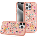 iPhone 15 Pro Max Butterfly Ornaments Diamond Bling Glitter Hybrid Case - Light Pink