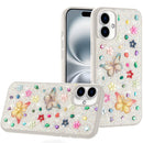 iPhone 16 Plus 6.7 inch Butterfly Ornaments Diamond Bling Glitter Hybrid Case - White