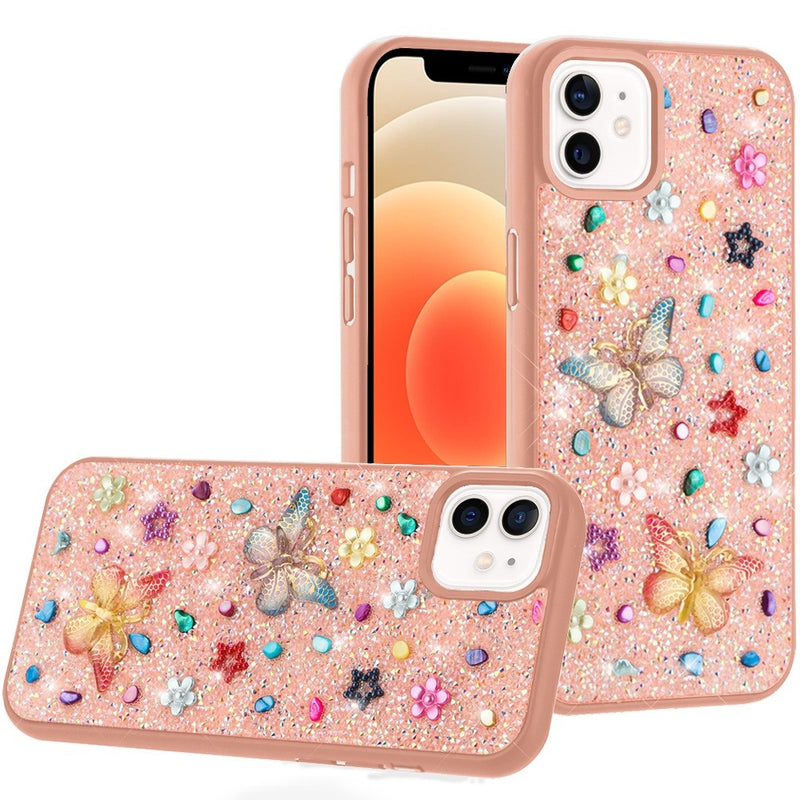 iPhone 12 6.1 & iPhone 12 Pro 6.1 Butterfly Ornaments Diamond Bling Glitter Hybrid Case - Light Pink