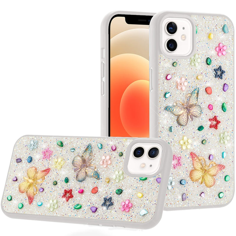 iPhone 12 6.1 & iPhone 12 Pro 6.1 Butterfly Ornaments Diamond Bling Glitter Hybrid Case - White