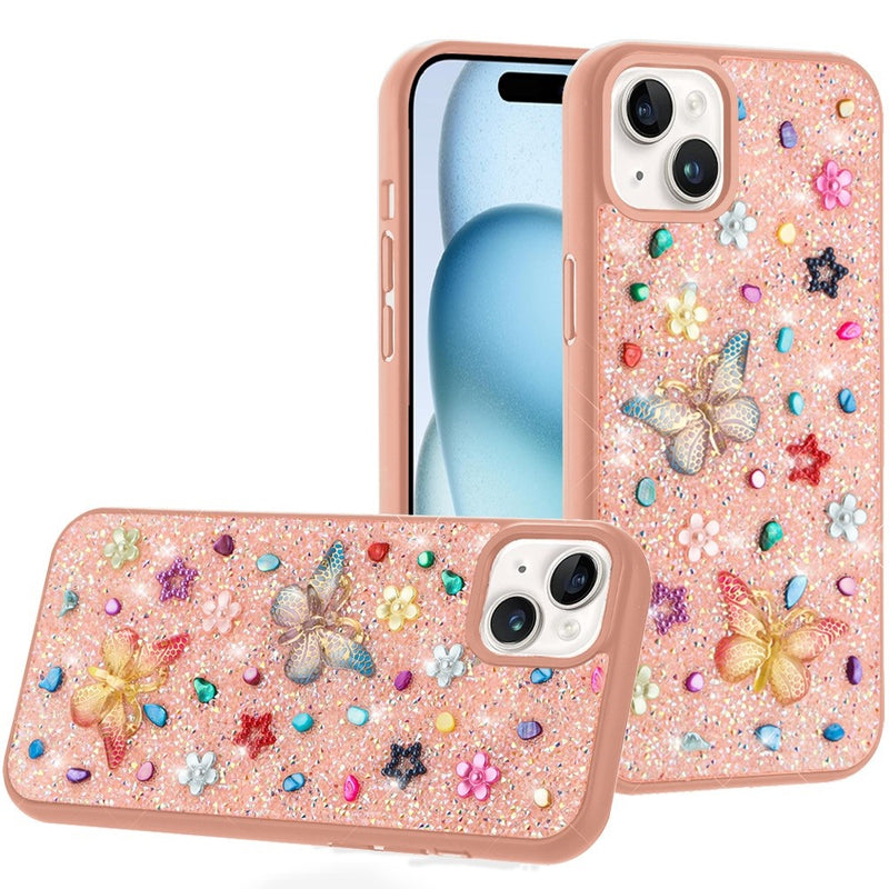 iPhone 15 6.1 Butterfly Ornaments Diamond Bling Glitter Hybrid Case - Light Pink