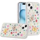 For iPhone 15 Butterfly Ornaments Diamond Bling Glitter Hybrid Case - White