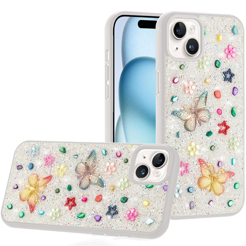 iPhone 15 6.1 Butterfly Ornaments Diamond Bling Glitter Hybrid Case - White