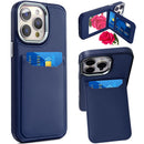 iPhone 14 PRO MAX 6.7" Card Holder with Mirror Inside PU Leather Hybrid Case - Dark Blue