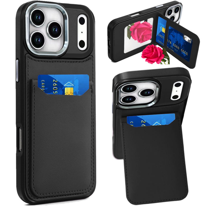 iPhone 17 Pro Max Card Holder with Mirror Inside PU Leather Hybrid Case - Black
