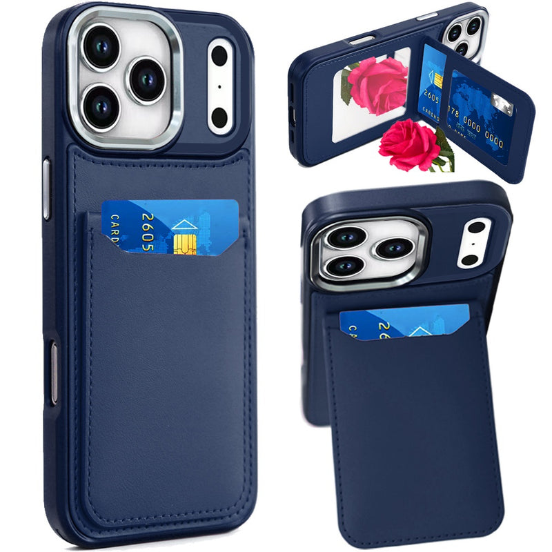 iPhone 17 Pro Max Card Holder with Mirror Inside PU Leather Hybrid Case - Dark Blue