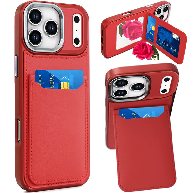 iPhone 17 Pro Max Card Holder with Mirror Inside PU Leather Hybrid Case - Red